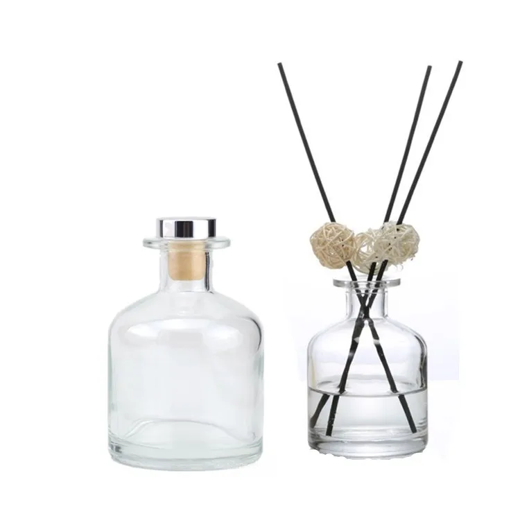 50ml 100ml 150ml 200ml Round Shape White Flint Clear Glass Essential Oil Diffuser Bottle with Silver Gold Cork Lid