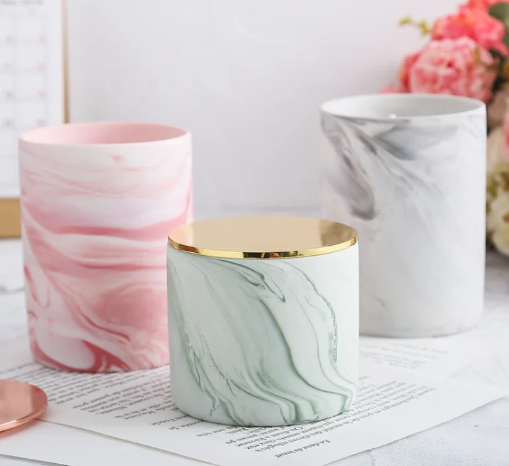 High Quality Ceramic Empty DIY Making Kit Marble Pattern Style Container Holder Candle Jar  With Lid