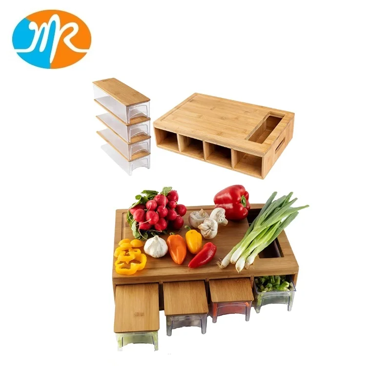 bamboo cutting board with trays drawers container and bamboo lids with juice grooves handles for easy food prep and cleanup