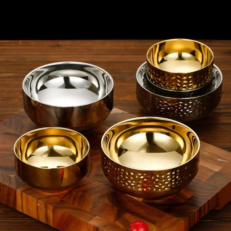 Custom Korean Style 304 Stainless Steel Double Wall Bowl Gold Heat Insulation Rice Soup For Hotel Restaurant Home