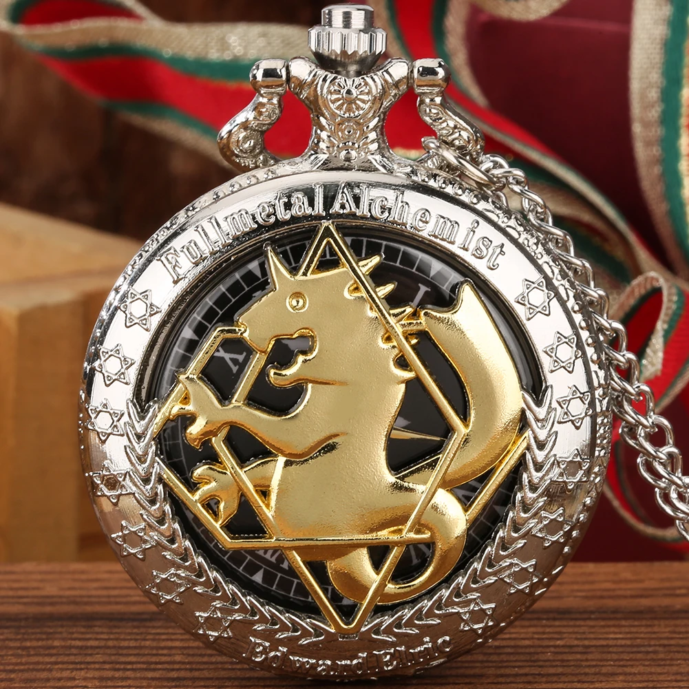 Retro Necklace Clock Steampunk Anime Silver Fullmetal Alchemist Vintage Pocket Watch with Chain for Cosplay Gift