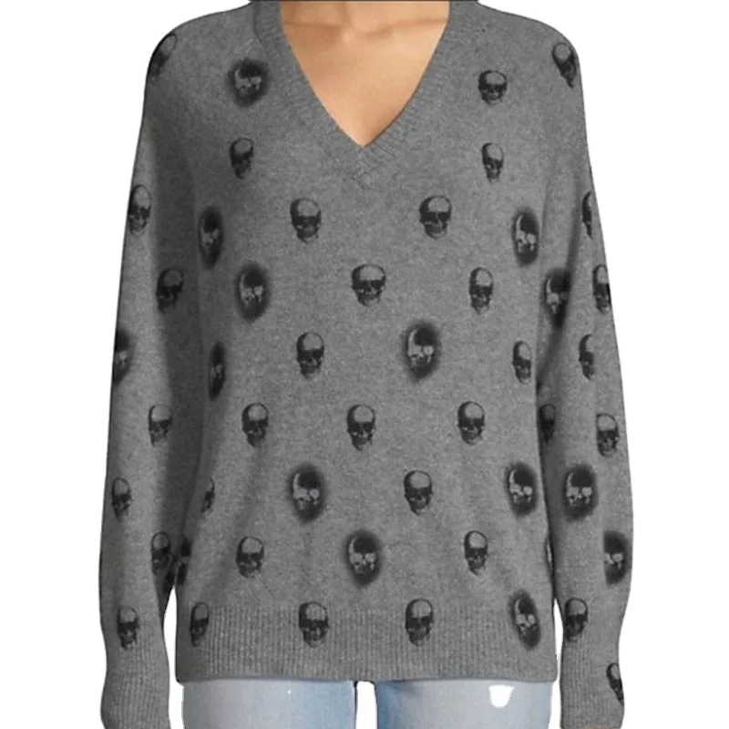knitted factory custom Grey V Neck Skull 100% Cashmere Sweater