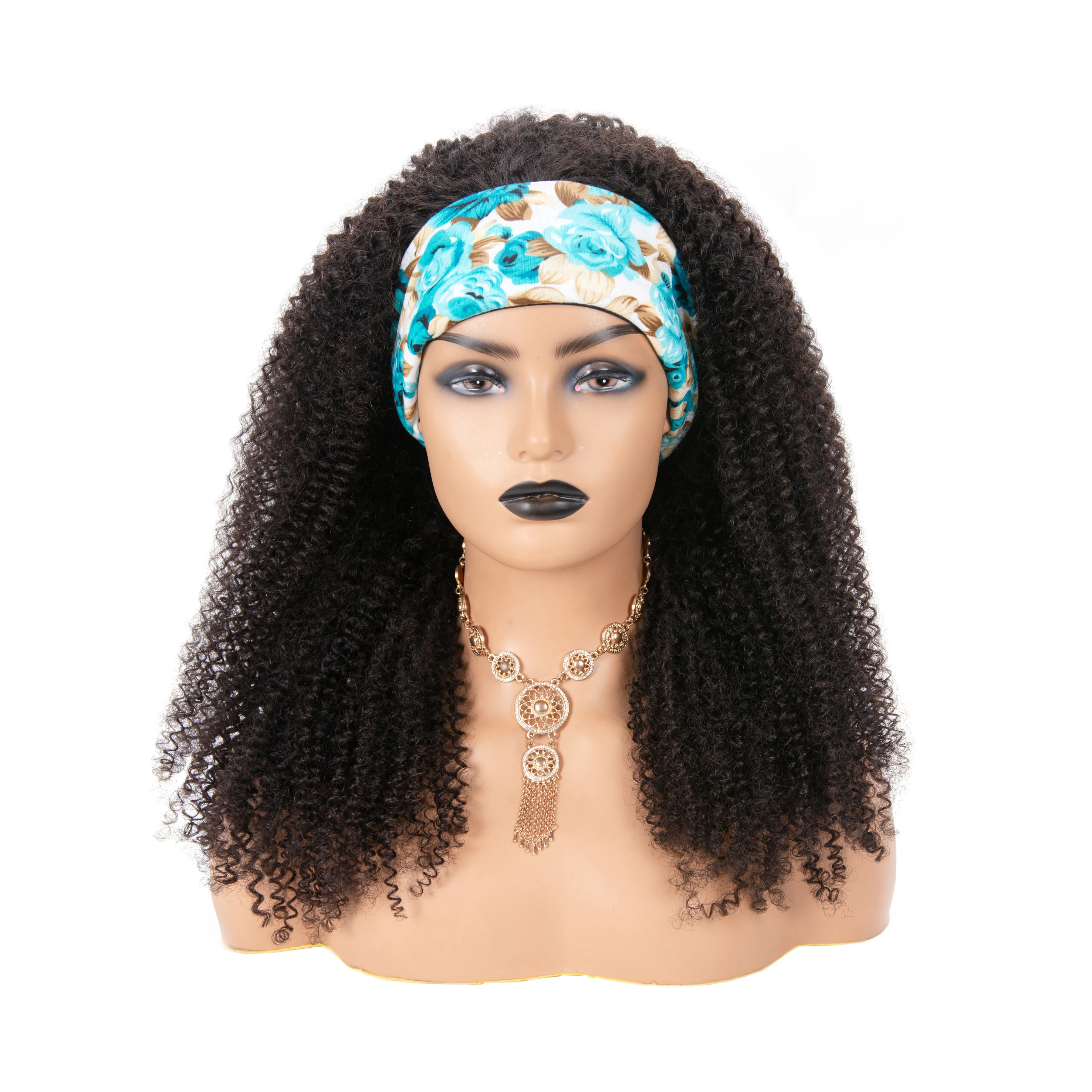 
hot sell natural color 100 % human hair kinky curly headbands wig for women 