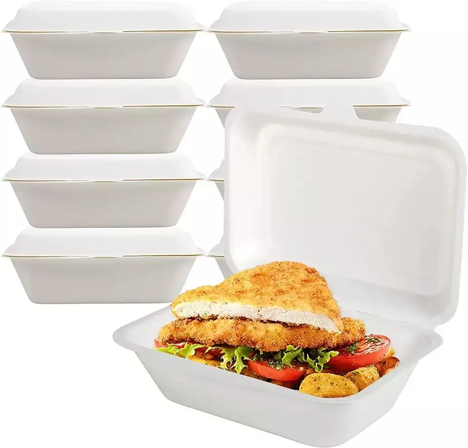 Custom Eco Friendly Biodegradable Sugarcane Boxes Bagasse Food Container Disposable Tableware Clamshell Takeout Lunch Food Box