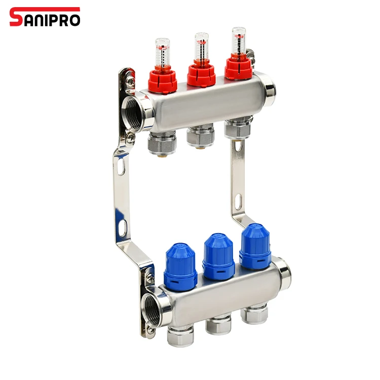 SANIPRO High Quality Water Distribution 304 Stainless Steel Flow Meter Manifolds for Hydronic Radiant Floor Heating