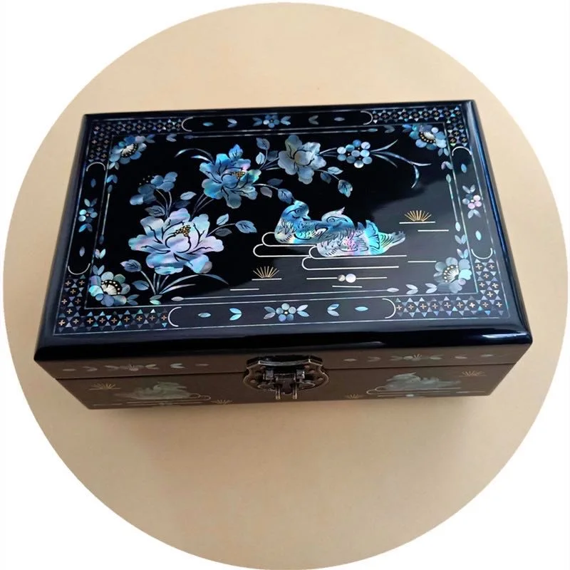 Colorful mother-of-pearl jewelry box Wooden shell inlaid mandarin duck swimming wedding gift box