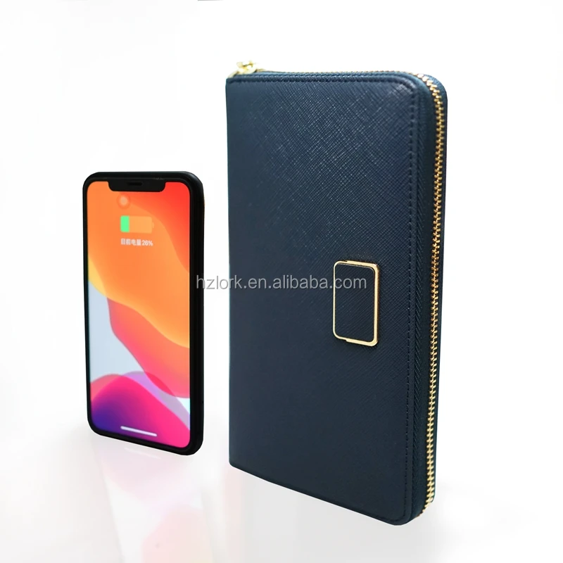 2022 Wallet Leather Zipper Close Portable Wireless Charging Smart Power Bank PU Leather Long Wallet for men