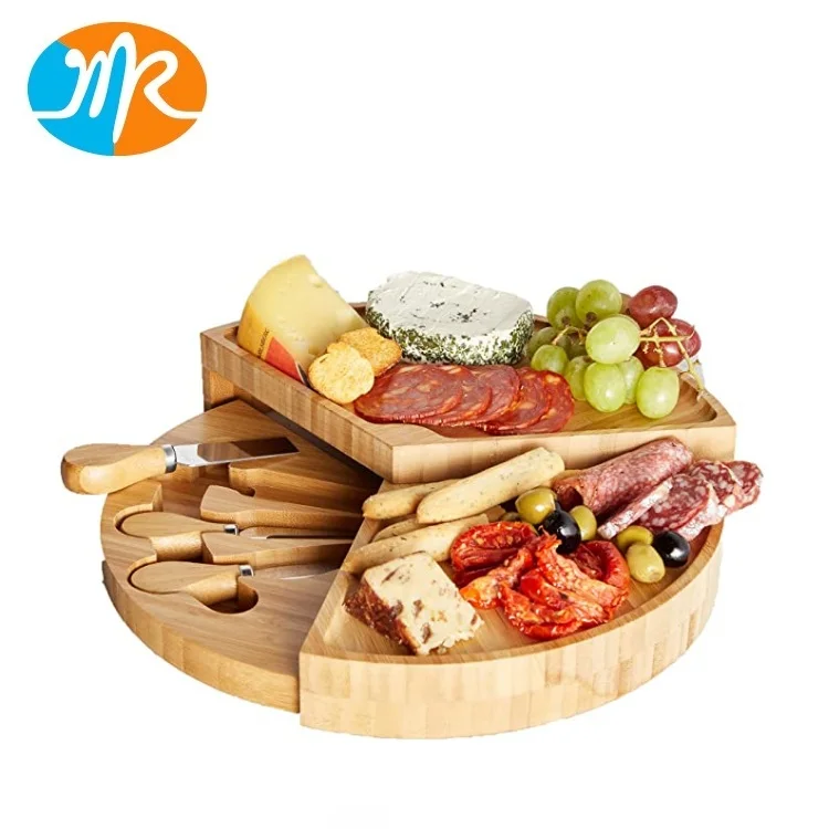 Bamboo 3 Layer Tiered Cheese Board Server Plate and 3 Piece Stainless Steel Cheese Knife Serving Utensil Set