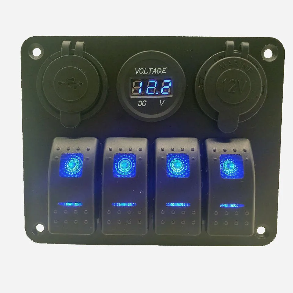 WEIKEN Aluminum Boat Marine RV Truck 4 Gang 5 pin Switch Panel ON-OFF Rocker 12V Switch Panel with USB and Voltmeter