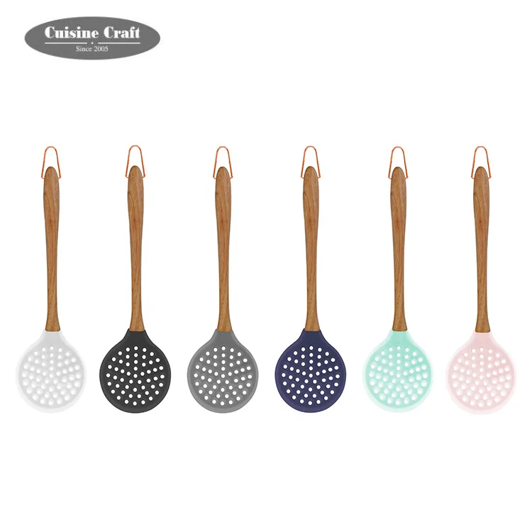 Standard Heat Resistant factory stock item cooking kitchen Silicone skimmer with wooden handle