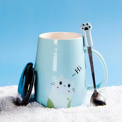 Zogift Cute Cat Style Ceramic Mugs Lid Spoon Cartoon Creative Morning Mug Milk Coffee Tea Unique Porcelain Coffee Mugs