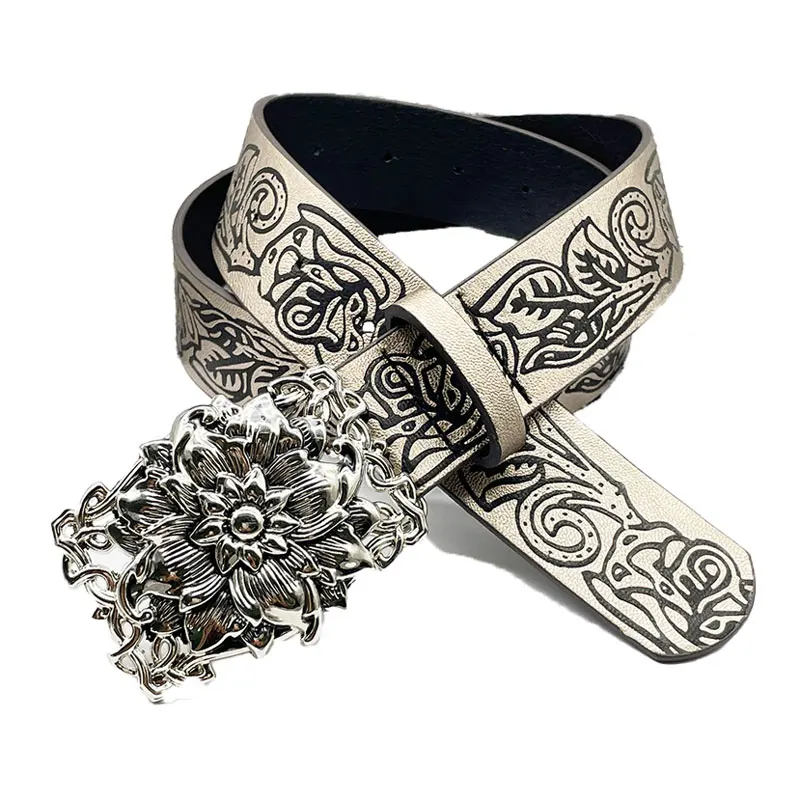 Custom PU Leather Carved Belt Floral Embossed Western Vintage belt Trendy Pattern Personality Ethnic y2k Belt for women