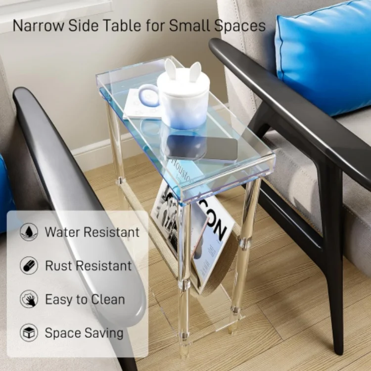 Acrylic Slim End Table with Magazine Holder Nightstand for Living Room Bedroom