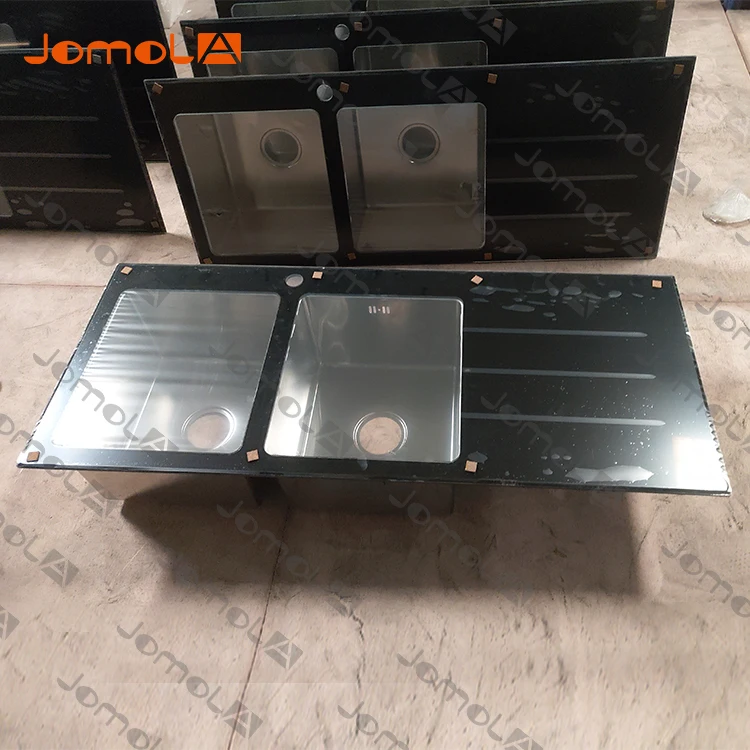 Оптовая продажа SUS304 topmount закаленное стекло раковина с двумя чашами из нержавеющей стали khd кухонная сушилкой для