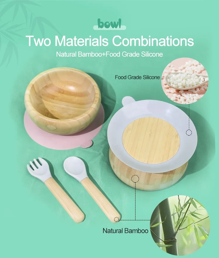 Wholesale Oem Odm Nature Eco Friendly Silicone Small Wood Bamboo Bowl Baby Bamboo Bowl Suction Bamboo Bowl Fork And Spoon Set