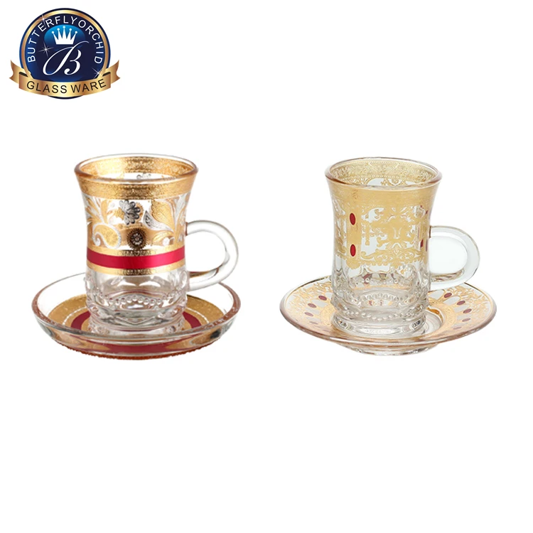 Оптовая продажа, Арабская Турецкая стеклянная чайная чашка и блюдце, кофейная чайная чашка и блюдца, набор стеклянных чашек