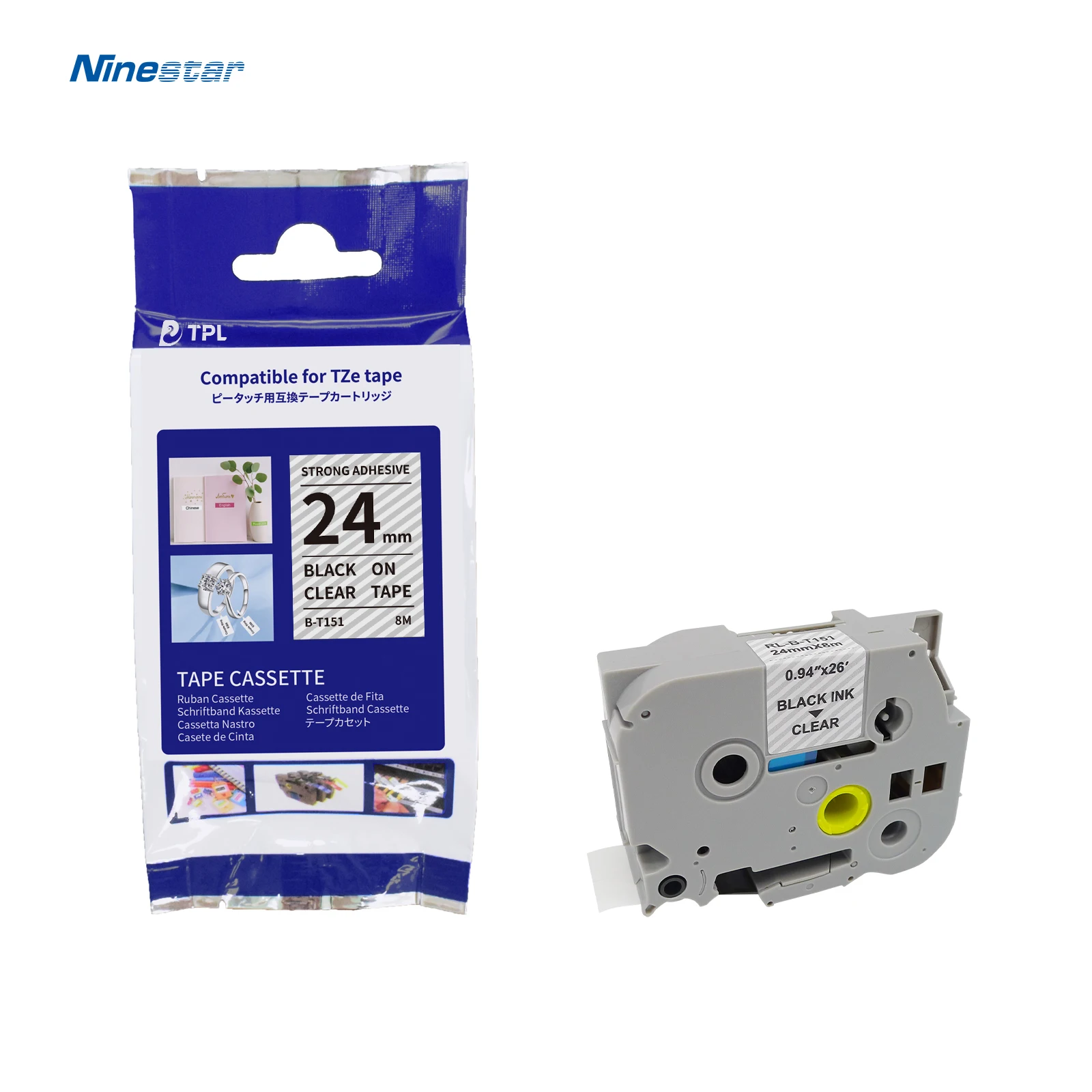 100% Compatible Brother 24mm*8m Black on Clear TZe-151 Tze 151 Tz151 Tze 151 Tze Label Tape for P Touch