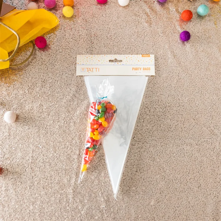 Wholesale Clear Plastic Triangle Cone Shaped Cellophane Candy Cello Treat Bags with Twist Ties for Popcorn Party Favor
