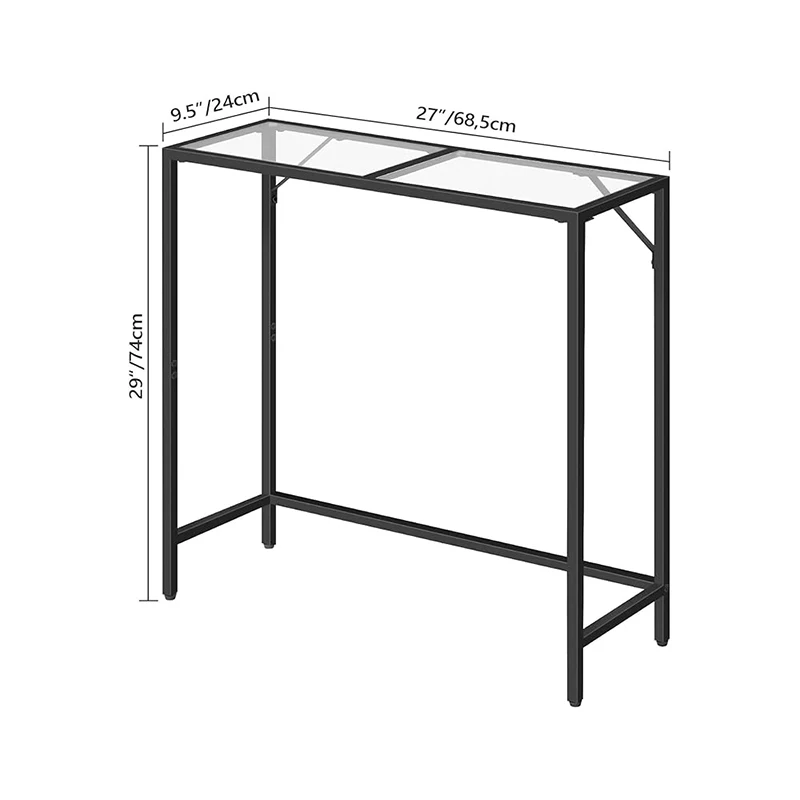 Modern Luxury Black Metal Frame Tempered Glass Console Table Narrow Sofa Side Table for Entrance, Living Room, Hallway