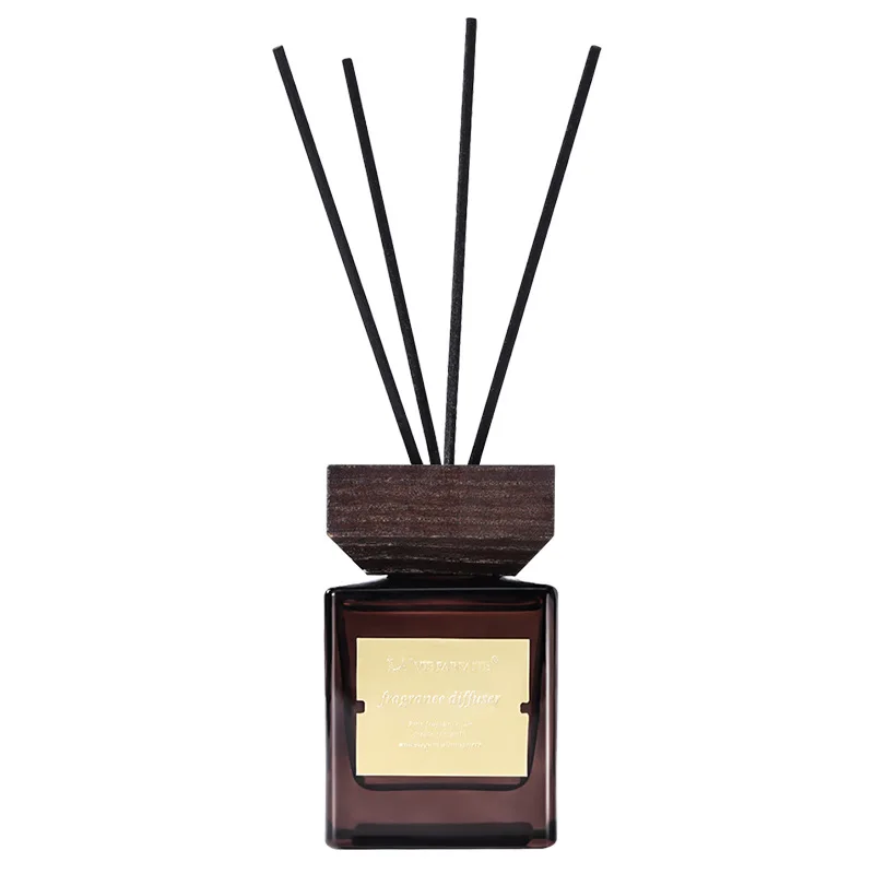 Luxury Hotel Customize Flameless Perfume Air Freshener Fiber Rattan Stick Glass Bottle Wood Lid Cover Reed Diffuser For Home