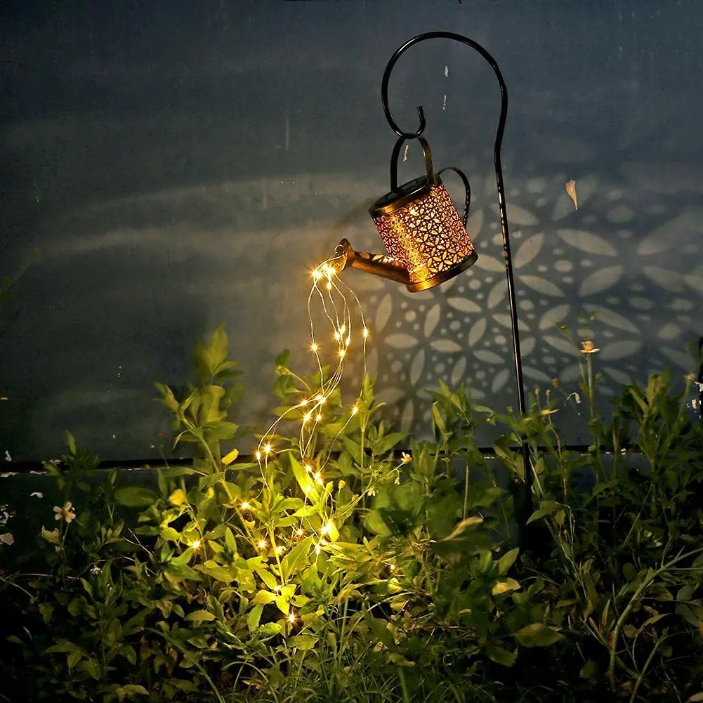 Solar Watering Can with Lights, Solar Lights Outdoor Decorative, Solar Waterfall Lights Waterproof, Metal Yard Art Decorations