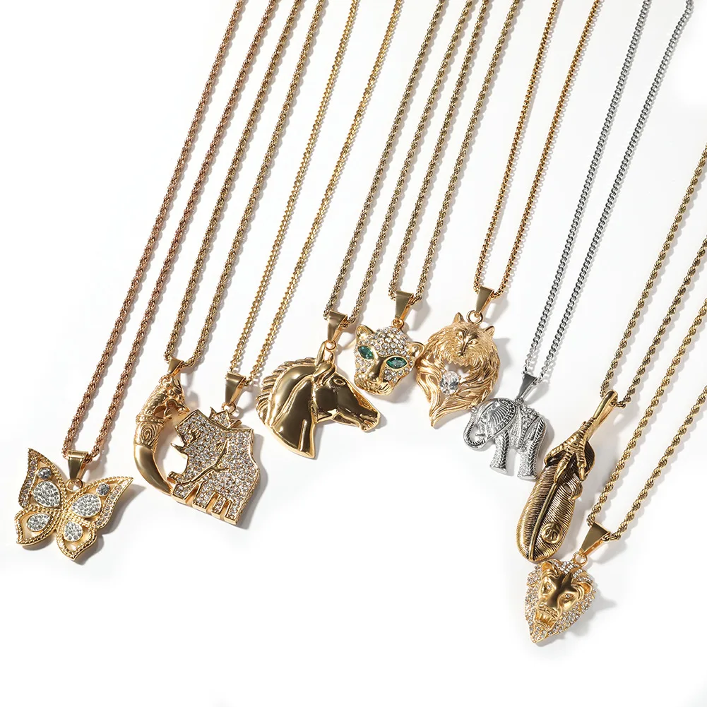 Bulk Wholesale Mix 18K Gold Plated Elephant Butterfly Lion Horse Leopard Head Animal Pendant Designs Jewelry For Men