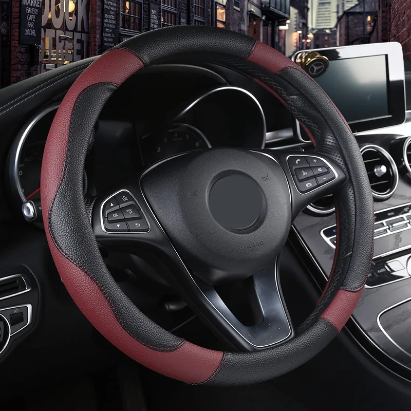 New 38cm Round And D Shape Leather With Carbon Fiber Steering Wheel Cover With Rubber Ring For Universal Car