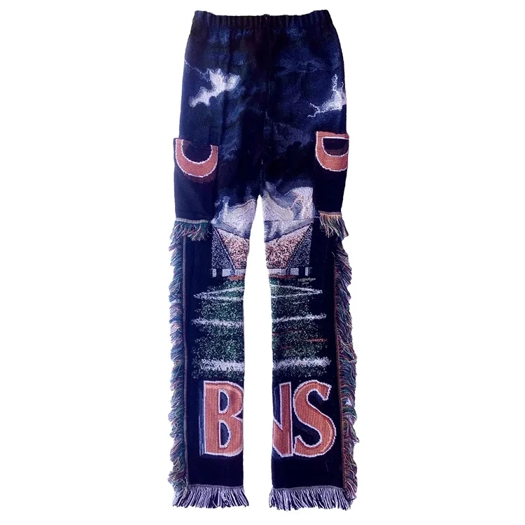 Custom Baggy Loose Fit Cargo Stacked Men Woven Blanket Tapestry Pants Men Trousers