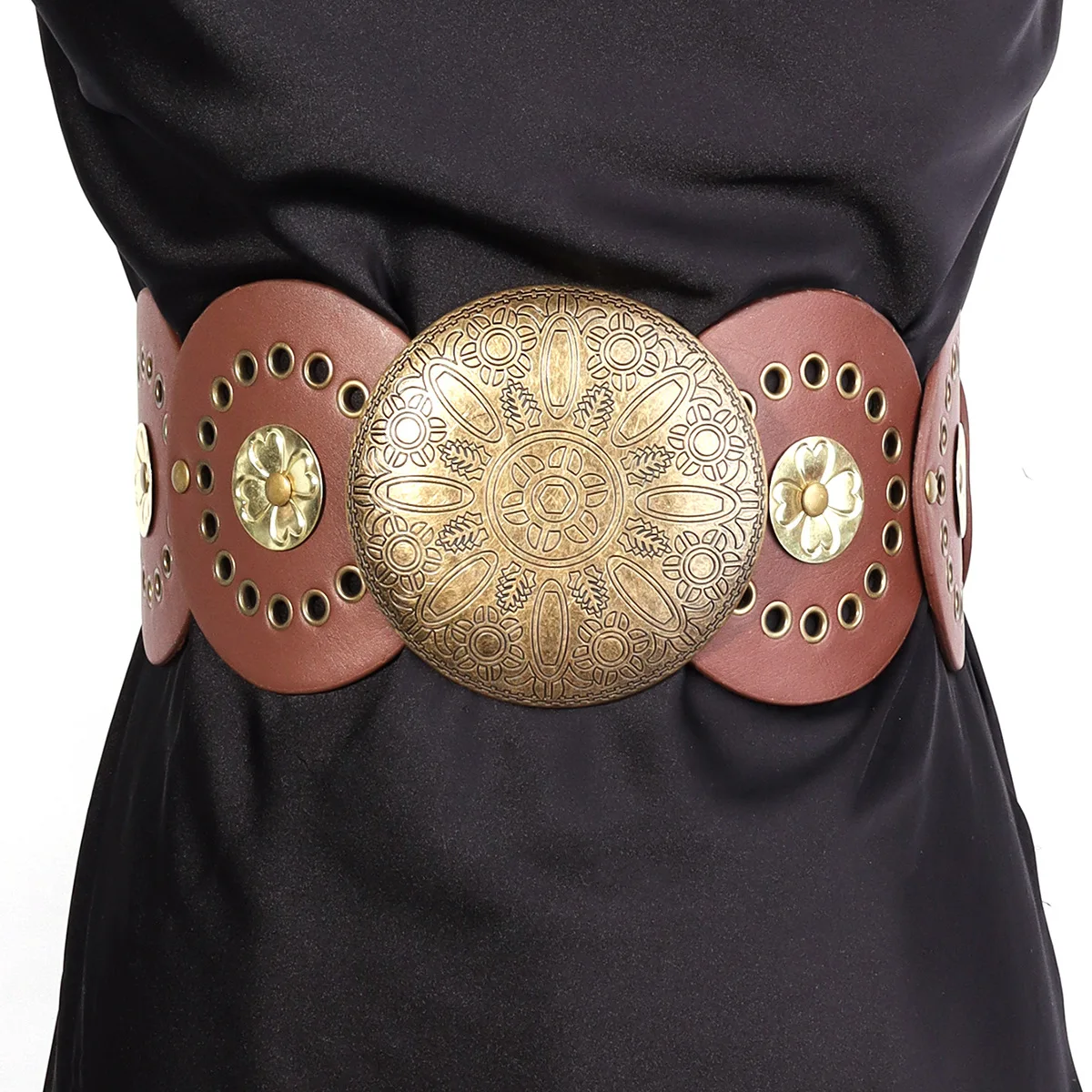 Retro Punk Big Round Rivet Hole PU Leather Belt Disk Link Fashion Wide Ladies Wide Boho Disc Concho Leather Belt