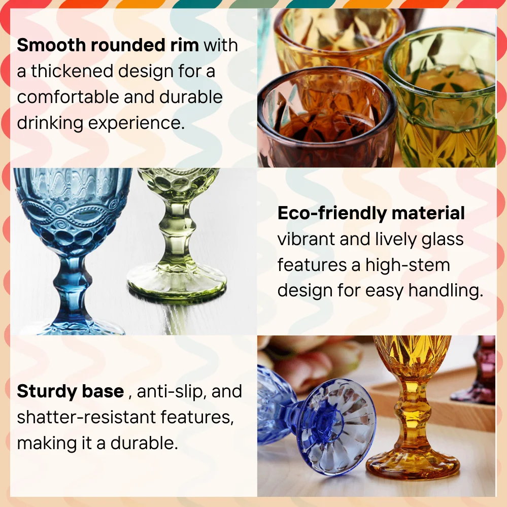 Blue Amber Wine Goblet Classic Retro Design Colored Glassware 2024 Hot Sale Embossed Vintage for Wedding Party Water Glass GB001