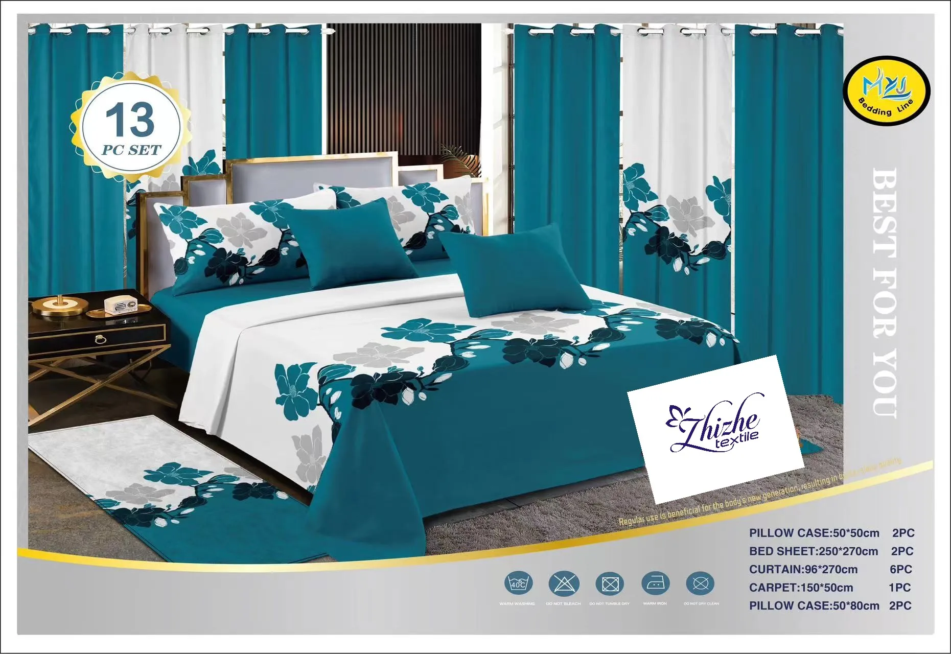 American Style Bed Sheets Floral Print 13 Pieces with Matching Curtains Mats