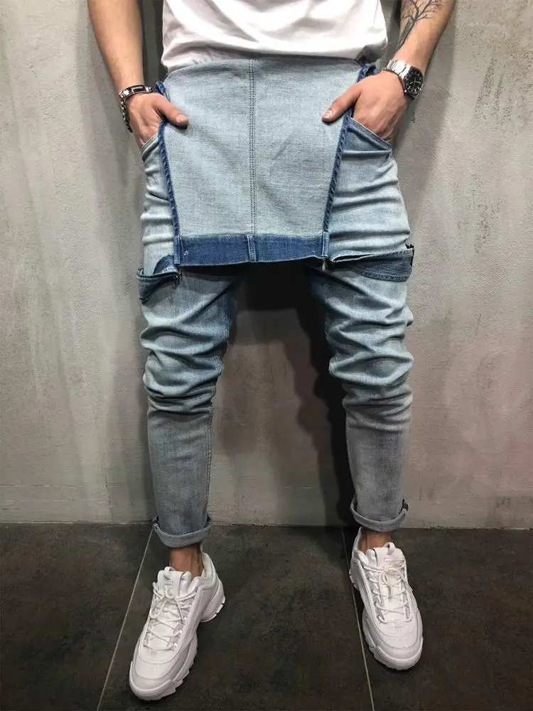 Wholesale Light Blue denim overalls with Patch pocket men jeans jumpsuits