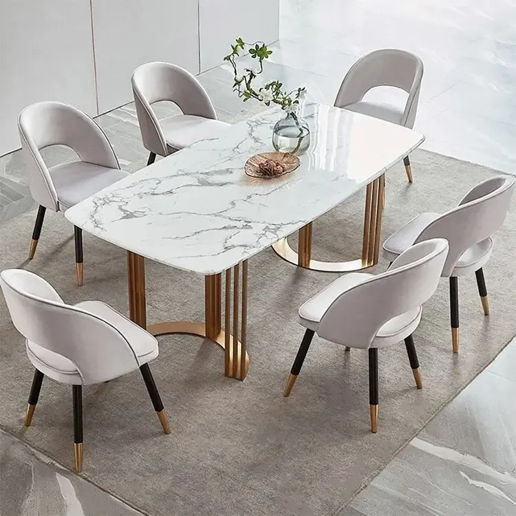 Wholesale Modern Luxury Dining table set Rectangular Top Stainless Steel Base Marble Dining Table