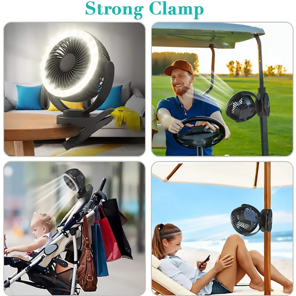 Portable Camping Fan with Hanging Hook Desk Fan LED Lamp 10000 mAh Multi Function Clip On Hook Table Fan For Outdoor Travel Camp