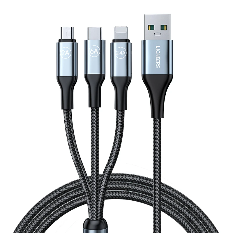 Licheers Custom 1.8M 6FT 6A 3IN1 Nylon Braided High Speed Multi Function Type C USB Micro 3 In 1 Charging Data Cable (1600335738406)