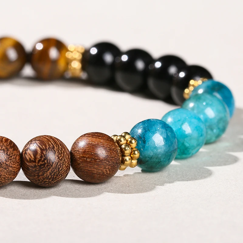 JD GEMS Natural Yellow Tiger Eye Stone Red Turquoise Hematite Mixed Bracelet Sandalwood Mixed Bracelet with Alloy Accessories