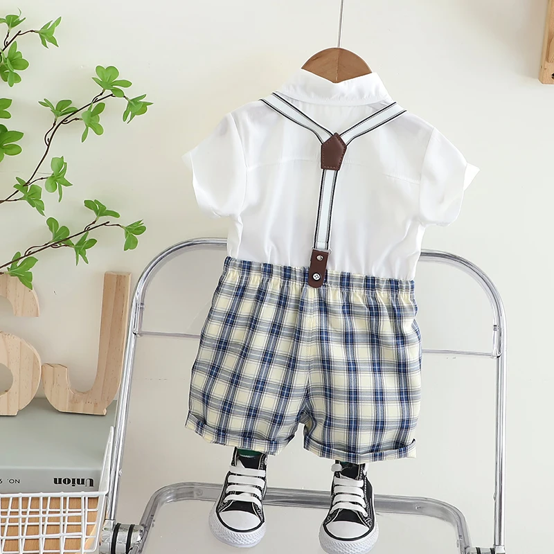 2024Summer Kids Baby Boy Formal Suit Short Sleeve with Shirt+Suspender Pants Casual Clothes Outfit Gentleman 2PCS clothes