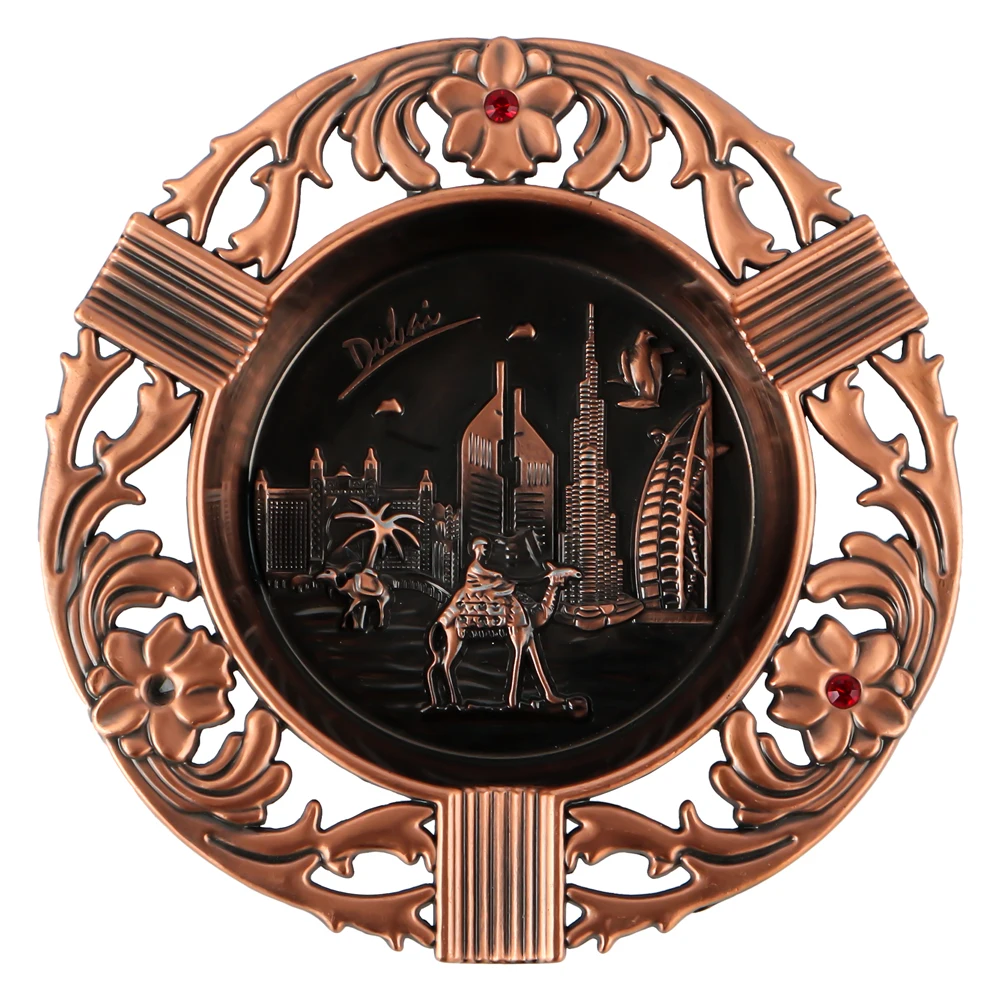 Custom Logo Design Creative Luxury Vintage Copper Standing Ashtray 3D Metal Hollow Out Crystal Cigar Ashtray Dubai Souvenir