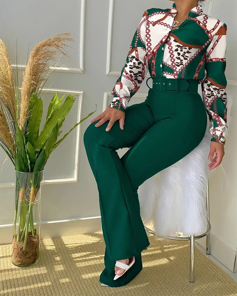 2022 Women 2 Piece Set Shirt + Wide Leg Pants With Belt Office Lady Printed Long Sleeve Stand Collar Tops Casual Suits