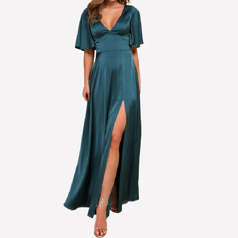 Elegant flutter sleeve v-neck cutout back satin long bridesmaid dresses with front slit