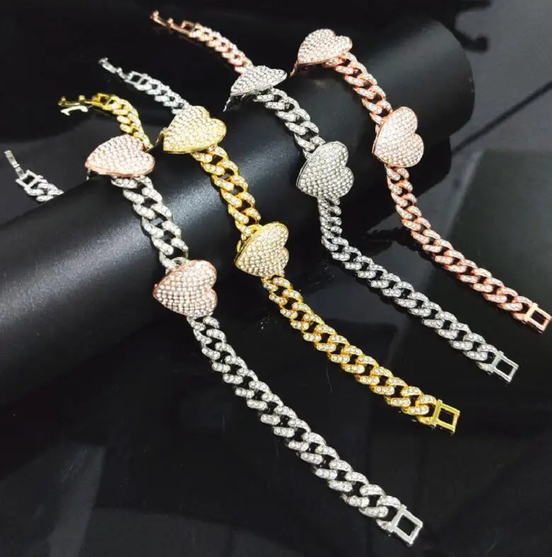 Hot Selling 8mm Wide Hip Hop Iced Out Jewelry Diamond Cuban Link Chain Cubic Zirconia Double Heart Charm Anklet For Women Girl