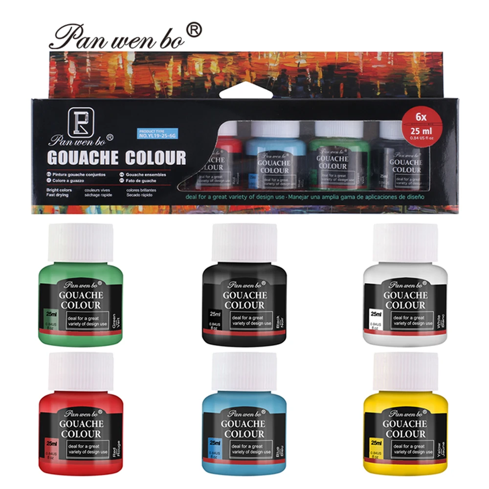 Panwenbo 6 Vibrant Colors 25ml Rich Pigment Gouache Paint Set Watercolor Gouache Paint Portable Artists Gouache Paint Set