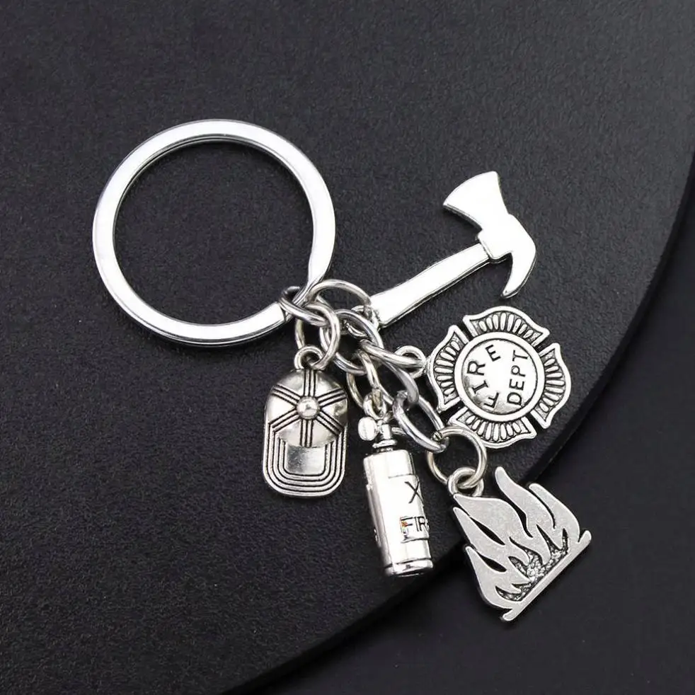 Fire Extinguisher Flame Keychain men key ring Fashion Other fighter Gift jewellery firefighter metal chain