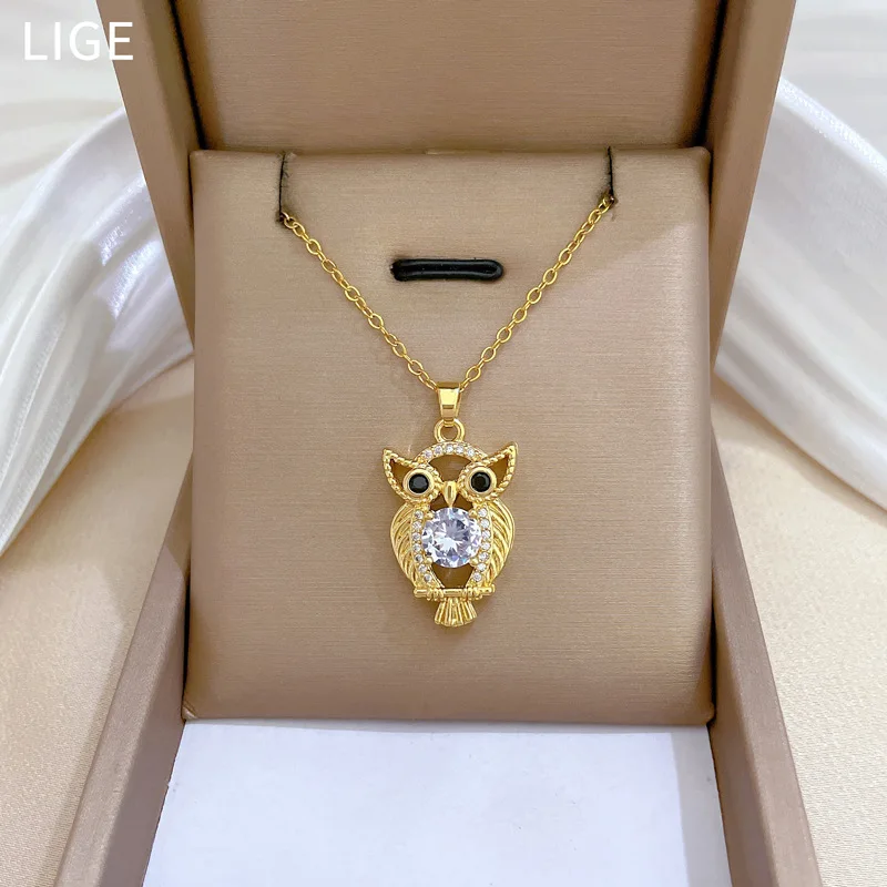 Trendy Gold Plated Stainless Steel Crystal Diamond Shining Owl Pendant Necklace Titanium steel Jewelry for Women Girls