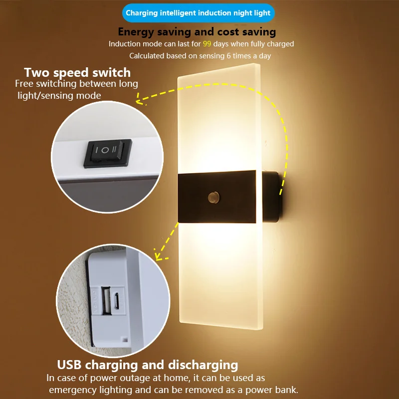 Modern LED Bedside Magnetic Wall Lamp Body Sensor Touch USB Rechargeable Bedroom Wall Lights For Home Indoor