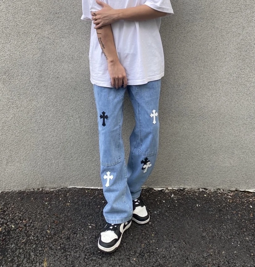 Carpentry Chrome Stylish Wash Cross Jeans Homme Loose Straight Hearts PantS baggy jeans High Street Vintage Denim Jeans For Men