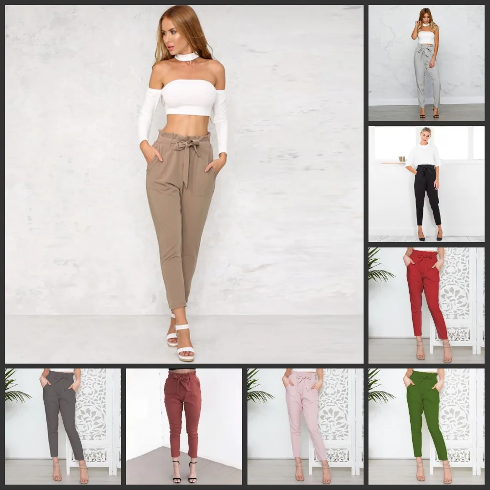 
Women OL high waist harem pants bow tie drawstring sweet elastic waist pockets casual trousers pantalones 8 color Y10920 