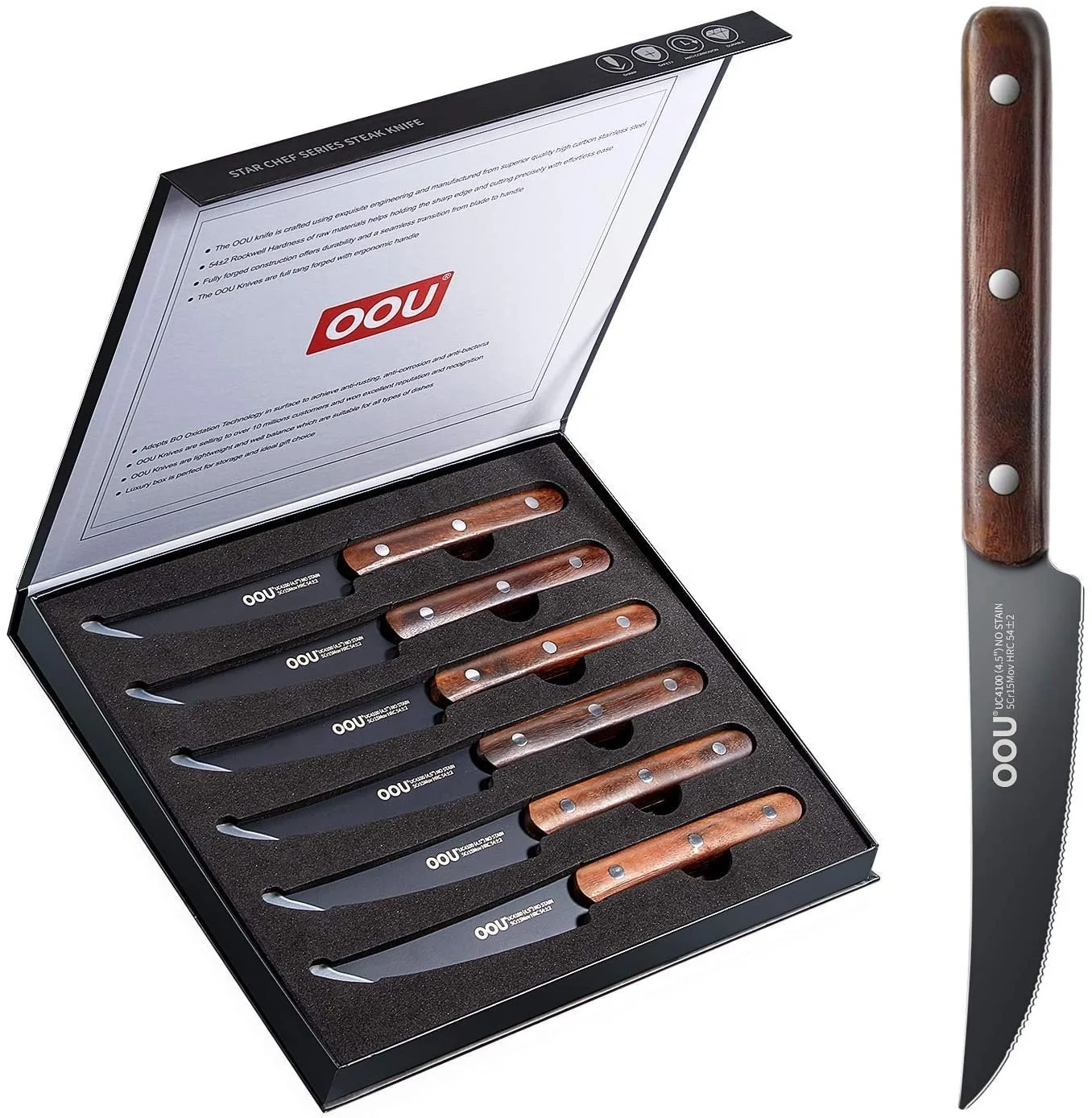 
OOU BO Oxidation Patent 6pcs High Carbon Stainless Steel Serrated Steak Knife Set Wooden Handle 