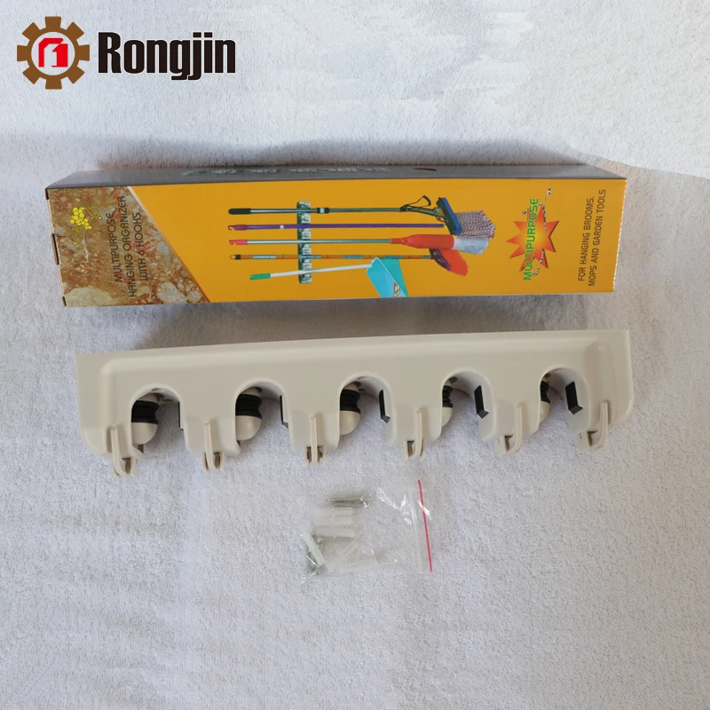 Factory Direct Selling PP Plastic Mop Broom Holder Wall Mounted 5 Slots 6 Hooks