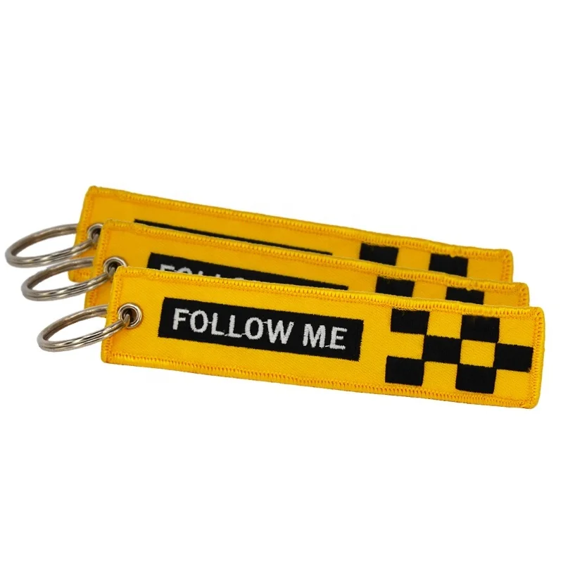 Remove Before Flight Keychain FOLLOW ME Yellow Keychain Jewelry Embroidery Safety Tag  Fashion Sleutelhanger